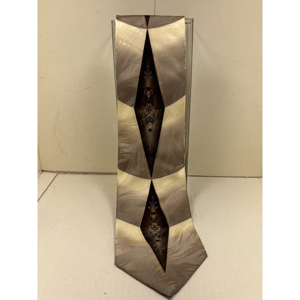 Gasparo Mens Silk Tie Brown Champagne Geometric Filigree Crest‎ Handmade Korea